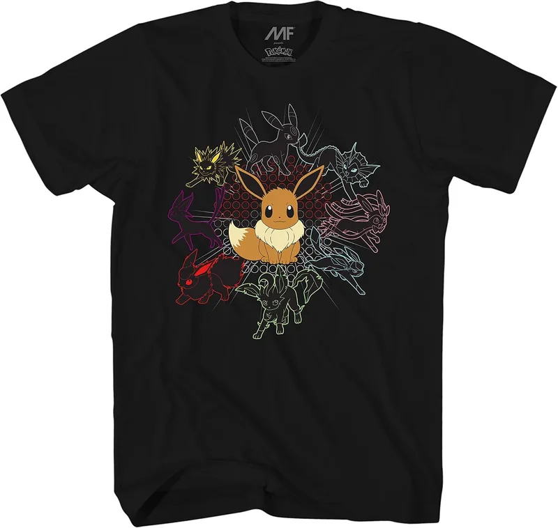 Camiseta negra de Eevee y sus evoluciones (adulto)