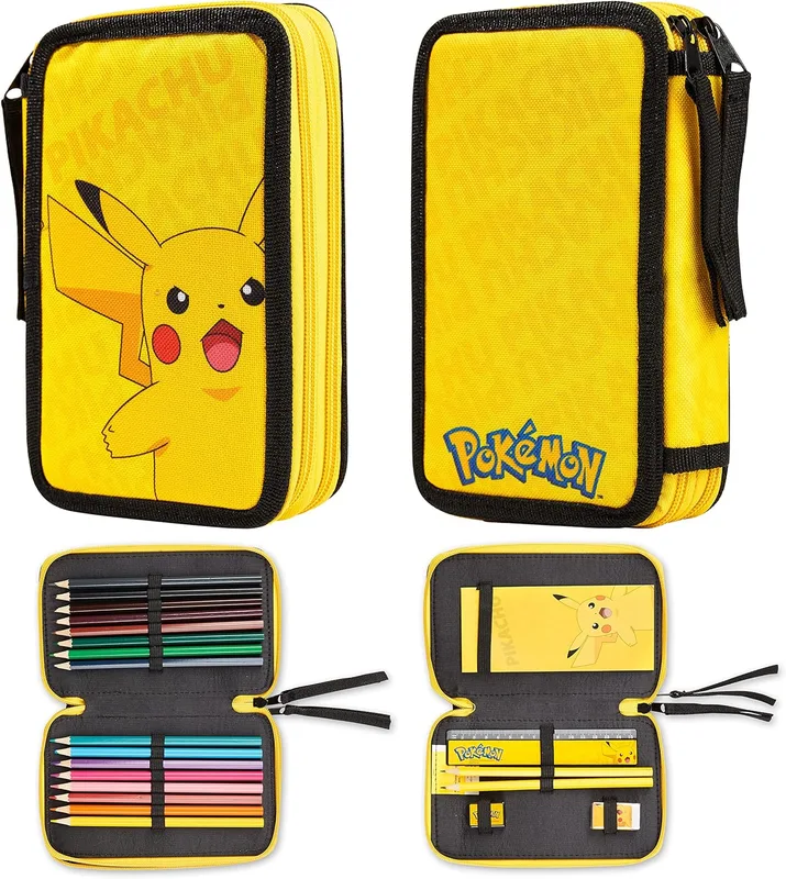 Estuche escolar Pokémon con compartimentos y material incluido